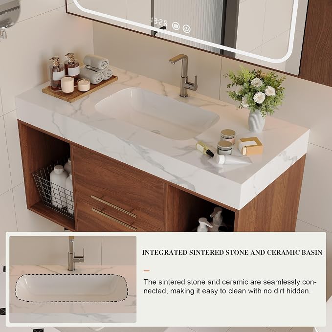 KEIKI 39.4" Bathroom Vanity with Undermount Sink Combo, Modern Floating Vanity Cabinet with 2 Drawers & Open Side Shelves, Storage Wall Mounted Cabinet for Small Space, Walnut Marbe