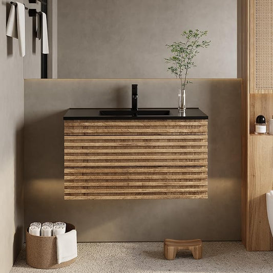 eclife 36" Floating Bathroom Vanity with Sink Combo, Mid-Century Wall Mounted Cabinet with Wood Stripes Decor, Drawers, Undermount Single Black Sink, Faucet, Drain, Light Walnut