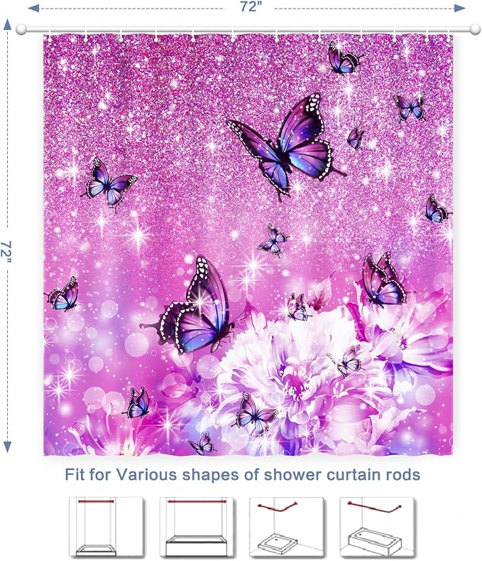 Modern Shower Curtain, Flower Butterfly Shower Curtain Purple Shower Curtain Sets Waterproof Polyester Fabric Machine Washable Home Farmhouse Office Decor Bath Curtains