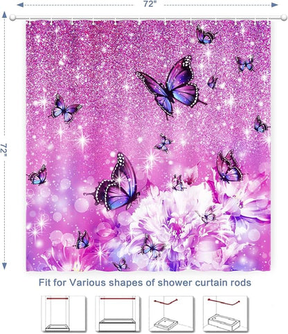 Modern Shower Curtain, Flower Butterfly Shower Curtain Purple Shower Curtain Sets Waterproof Polyester Fabric Machine Washable Home Farmhouse Office Decor Bath Curtains