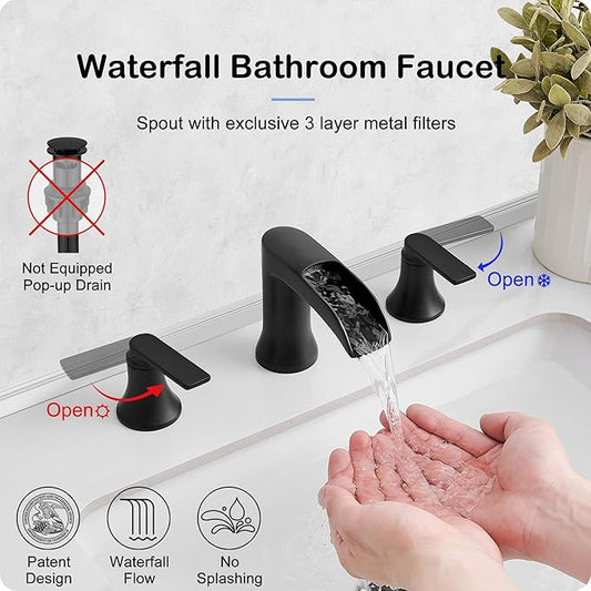 Black Bathroom Faucet 3 Hole, Brass Bathroom Waterfall Faucet 2 Handle, 4-16 Inch Widespread Bathroom Sink Faucets, Restroom Sink Faucet for Vanity with Supply Hoses, NO Equipped Pop-up Drain