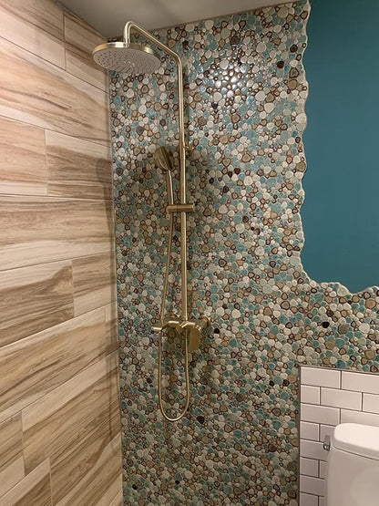 Ceramic Pebble Mosaic Tile, Aqua Cream Coffee, 5 Sq Ft | Crystal Glazed Porcelain, River Stone Look, 12"x12" Sheet for Kitchen Backsplash, Fireplace Surround & Spa Wall Decor