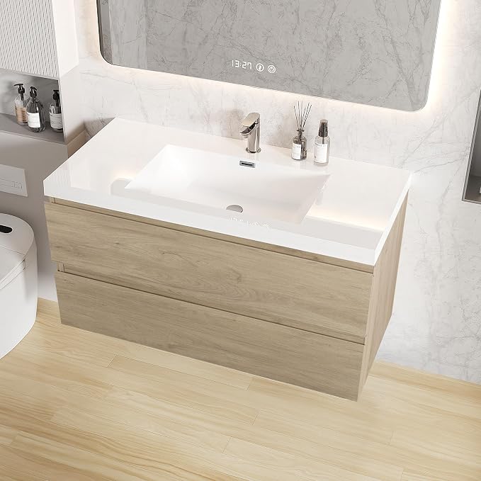 42 Inch Floating Bathroom Vanity with Sink, Wall Mounted Floating Vanity | Large Storage with 2 Soft Close Drawers, One-Piece Basin Bathroom Sink Cabinet, Natural Oak, Pre assembled