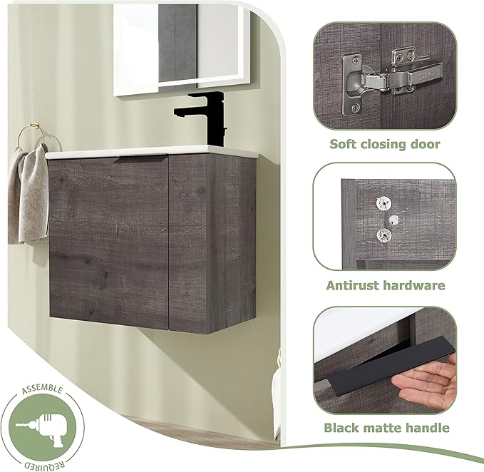 22" Bathroom Vanity with Sink, 22 Inch Floating Bathroom Vanity for Small Space, Modern Bathroom Vanity, Grey Wall Mounted Cabinet Set（002）