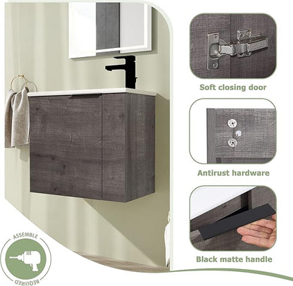 22" Bathroom Vanity with Sink, 22 Inch Floating Bathroom Vanity for Small Space, Modern Bathroom Vanity, Grey Wall Mounted Cabinet Set（002）