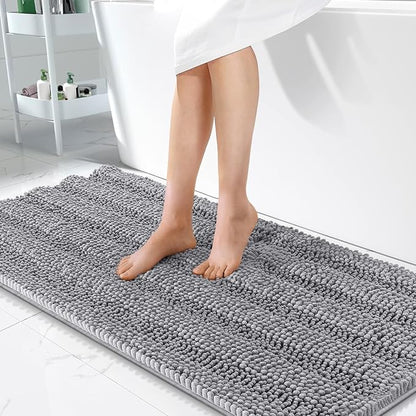 OLANLY Thick Bathroom Runner Rugs 47x24, Soft Chenille Long Bath Rugs, Grey | Absorbent Striped, Rubber Backing, Machine Wash, Bath Mats for Bathroom Floor, Tub and Shower, Home Decor Accessories