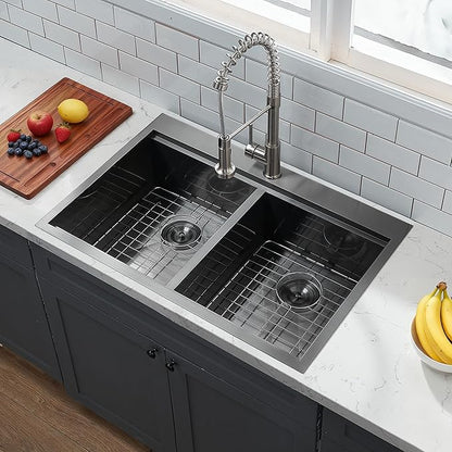 Comllen 33''× 22''× 10'' Kitchen Sink 16-gauge 304 stainless Gunmetal Black, Stainless Steel Drop in Double Basin Kitchen Sinks with Accessories