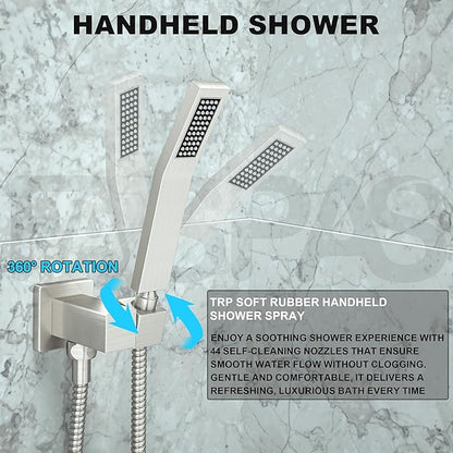 Shower System with Tub Spout, 10-Inch High-Pressure Rain Showerhead and Handheld Combo, Brushed Nickel Shower Faucet Set with Rough-in Valve and Trim Kit, Wall Mounted All-Metal Shower Set