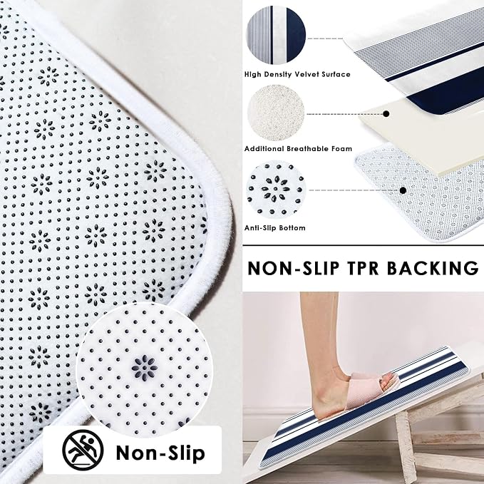 Bathroom Sets with Shower Curtain and Rug 4 Pcs Abstract Navy Blue | Striped Lines Modern Bathroom Decor Set with Toilet Lid Cover, Non-Slip Bath Mats and Accessories 12 Hooks