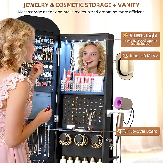 Vlsrka LED Mirror Jewelry Cabinet Standing, 360° Swivel, Black | Lockable Jewelry Armoire with Mirror, Interior LED Makeup Mirror, Foldable Shelf, Large Capacity, Gift for Women, Girls