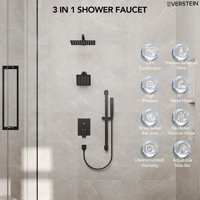10" High-Pressure Rainfall Shower Faucet with Handheld Spray, Wall Mount Dual Shower Head System with Slide Bar (Matte Black)