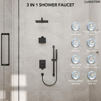 10" High-Pressure Rainfall Shower Faucet with Handheld Spray, Wall Mount Dual Shower Head System with Slide Bar (Matte Black)