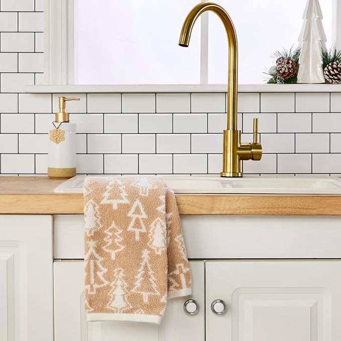 SKL Home Christmas/Winter Mod Tree Hand Towel Set-2pc, 100% Cotton, Tan | 500 GSM. Soft & absorbent. Reversible jacquard pattern. Great for the bathroom, kitchen or bar & holiday gift.