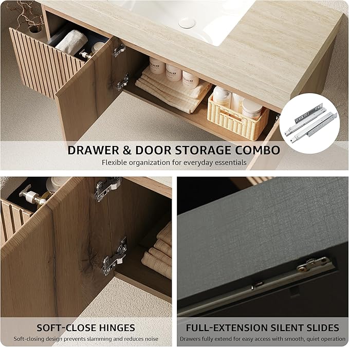 48” Floating Bathroom Vanity with Sink, Wall-Mounted Cabinet with Drawer & Doors, Roma Travertine-Pattern Countertop, Undermount Basin, Single Faucet Hole, Soft-Close, Pre-Assembled, Light Oak