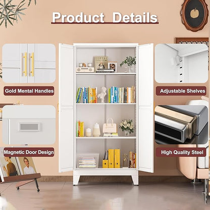winiowa Metal Pantry Cabinet with 2 Doors and Adjustable Shelves, Kitchen Storage cabinets with Gold Handles, Versatile Storage for Laundry/Living Room,Bathroom,Dinning Room-White