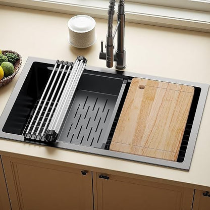 YITAHOME 30x19inch Kitchen Undermount Sinks, Nano Gunmetal Black Stainless Steel Drop-In Single Bowl Sink with Ledge and Accessories for Workstation, RV, Prep Kitchen, Bar
