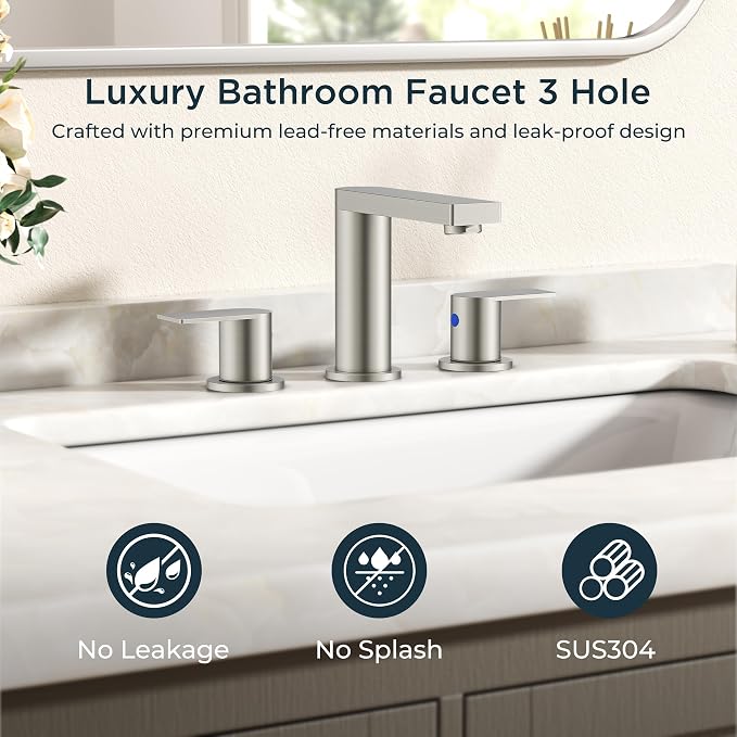 FORIOUS 8 Inch Bathroom Faucet 3 Hole, 2 Handles for Vanity Brushed Nickel | 2 Handles Bathroom Sink Faucet with Pop-up Drain and 24" cUPC Lines, Fits 6-12 Inch 3 Hole Install, for RV Laundry Sink