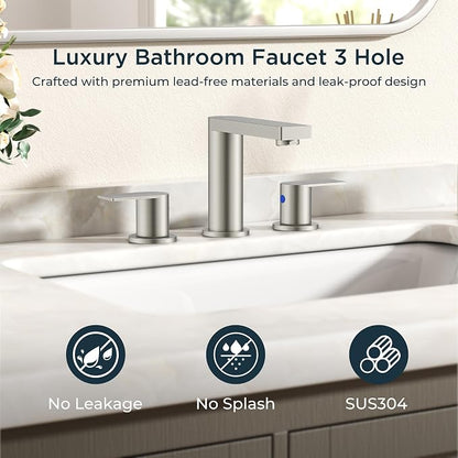 FORIOUS 8 Inch Bathroom Faucet 3 Hole, 2 Handles for Vanity Brushed Nickel | 2 Handles Bathroom Sink Faucet with Pop-up Drain and 24" cUPC Lines, Fits 6-12 Inch 3 Hole Install, for RV Laundry Sink
