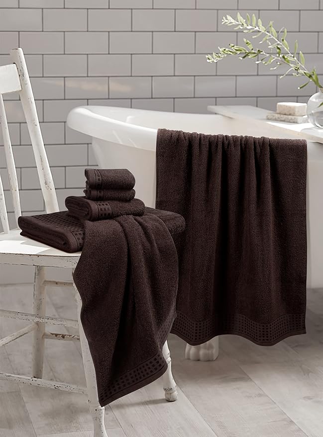 GLAMBURG 100% Cotton Ultra Soft 6 Pack Towel Set, Contains 2 Bath Towels 28x55 Inches, 2 Hand Towels 16x24 Inch & 2 WashCoths 12x12 Inches, Compact Absorbent Lightweight & Quickdry - Chocolate Brown