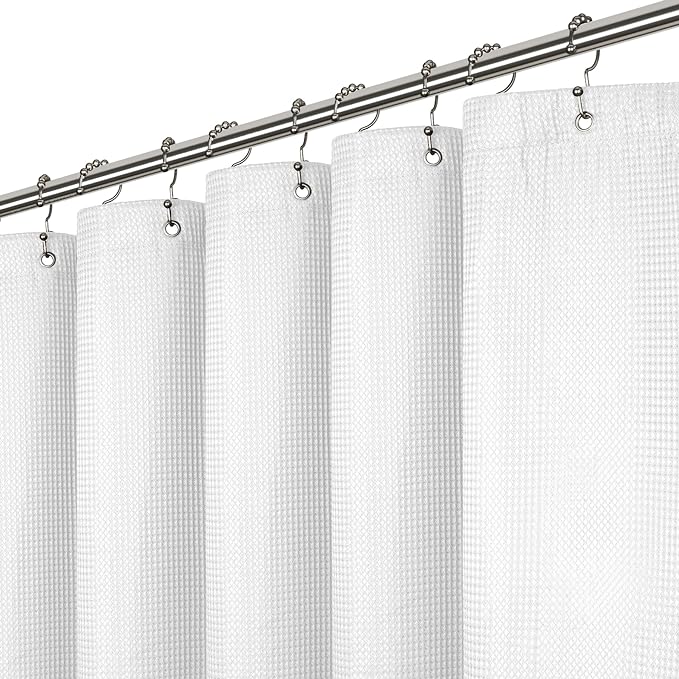 LiBa Waffle Weave Fabric White Shower Curtain, 72 W x 72 H Water Repellent & Heavyweight, Hotel Quality & Cloth Linen Shower Curtains Set and for Bathroom