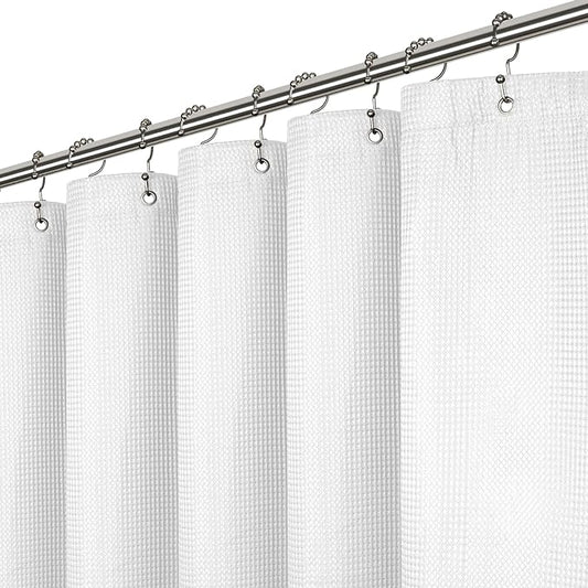 LiBa Waffle Weave Fabric White Shower Curtain, 72 W x 72 H Water Repellent & Heavyweight, Hotel Quality & Cloth Linen Shower Curtains Set and for Bathroom
