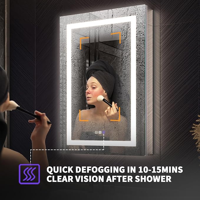 24x36 Medicine Cabinet with Lights & Magnifier & Mirrors, GFCI Outlet, Soft-closed Hinges, Front&Backlit, Anti-Fog, Dimmable&Tunable, Sensor Lights, Recessed/Surface, Adjustable Shelves, Right-handed