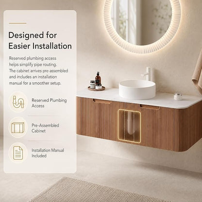 48 Inch Bathroom Vanity with Sink, Floating Wall Mounted Single Sink Vanity, Natural Woodgrain Curved Fluted Front, Stone Top, Pure White Round Vessel Basin, Pre-Assembled
