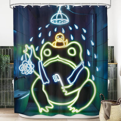 LGhtyro Funny Frog Shower Curtain Bathroom Set 60Wx71H Inches Japanese Minimalist Cool Asian Traditional Neon Aesthetic Animal Bath Accessories Cute Art Home Decor Fabric 12 Pack Hooks