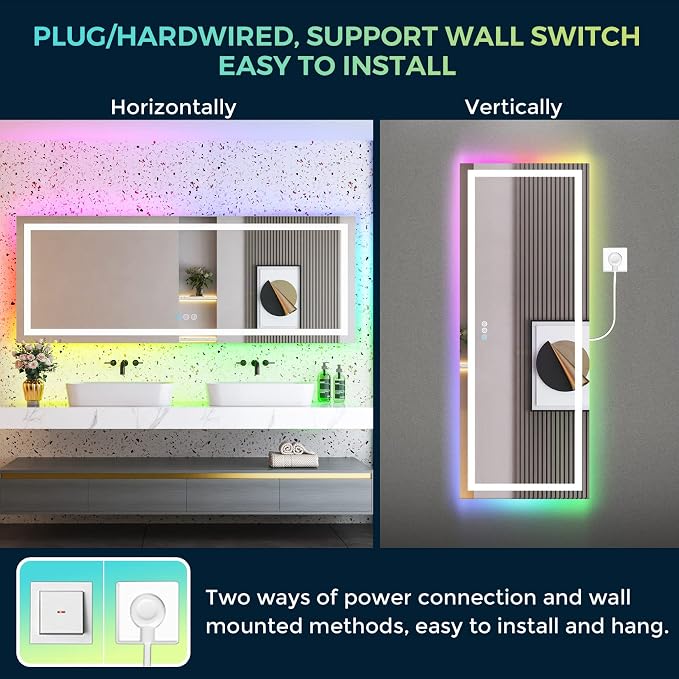 96x36 LED Bathroom Mirror with Lights, RGB Backlit Lighted Mirror | Backlit and Front Light, Anti-Fog, 3 Color Dimmable, Memory, Tempered Glass, IP54 Waterproof, UL Listed
