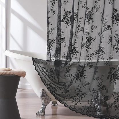 Black Lace Shower Curtain Luxury Vintage Floral Shower Curtain with Attached Valance Decorative Vintage Boho Bath Curtain for Master Bath Hotel Dark Gothic Halloween Victorian Decor, 1 Panel, 72 x 72