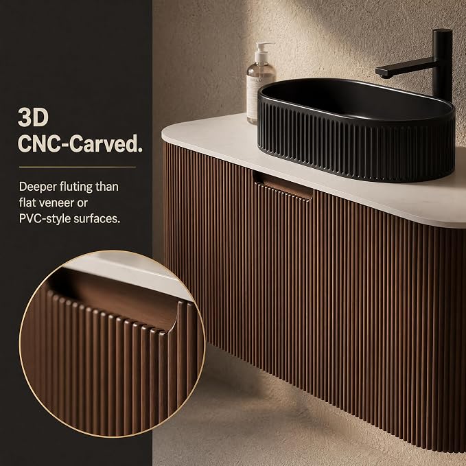 36 Inch Bathroom Vanity with Sink, Floating Wall Mounted Single Sink Vanity, Dark Walnut Curved Fluted Front, Stone Top, Black Textured Oval Vessel Basin, Pre-Assembled
