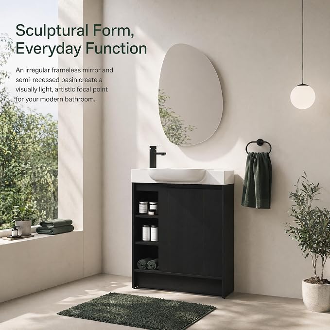 30" Freestanding Bathroom Vanity with Sink, Floor Cabinet, Dark Oak | Integrated Ceramic Sink, Soft-Close Door & 3 Open Storage Shelves, Small Bath Vanity Set, Easy to Clean