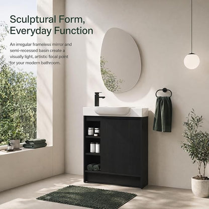 30" Freestanding Bathroom Vanity with Sink, Floor Cabinet, Dark Oak | Integrated Ceramic Sink, Soft-Close Door & 3 Open Storage Shelves, Small Bath Vanity Set, Easy to Clean