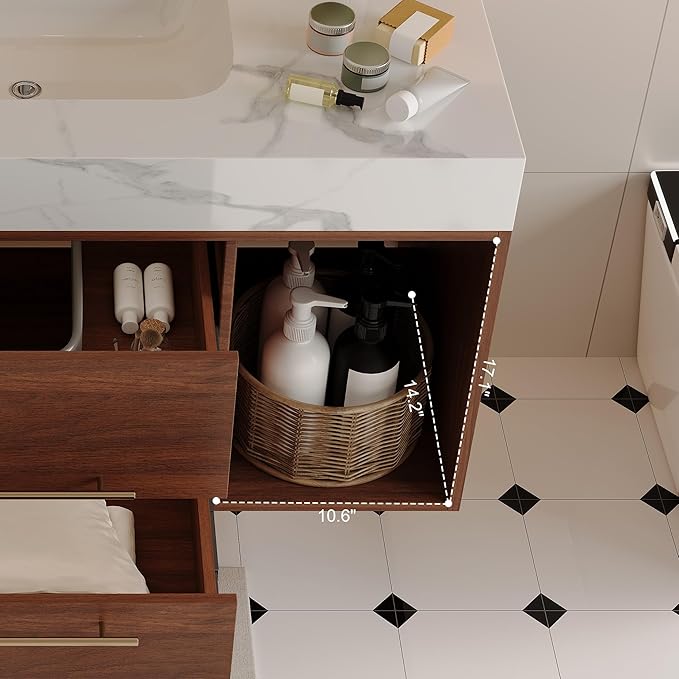 40 inch Modern Floating Bathroom Vanity with Sink, Wall Mounted Bathroom Cabinet with Ceramic Sink, Sintered Stone Countertop, 2 Soft Closing Drawers & Open Storage Shelf, Walnut