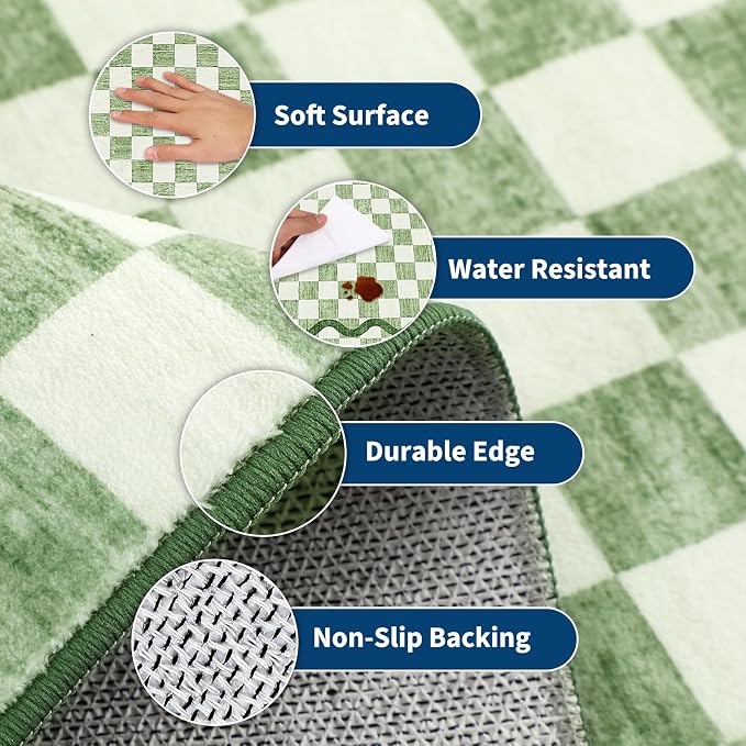 Garvee Washable Sage Green 8x10 Area Rug for Living Room Checkered Cherry | Coquette Non Slip Soft Bedroom Rugs Non Shedding Low Pile Stain Resistant Carpet for Nursery Grils Room Dorm Playroom Office