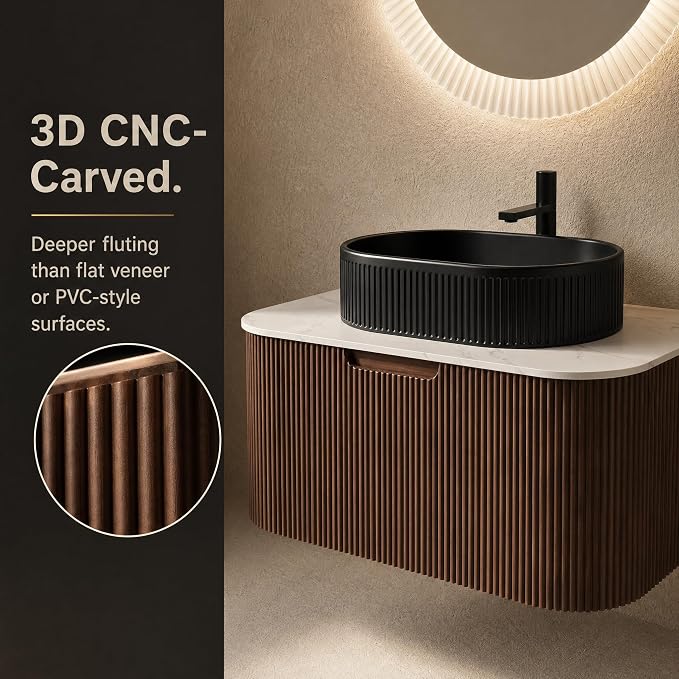 30 Inch Bathroom Vanity with Sink, Floating Wall Mounted Single Sink Vanity, Dark Walnut Curved Fluted Front, Stone Top, Black Textured Oval Vessel Basin, Pre-Assembled