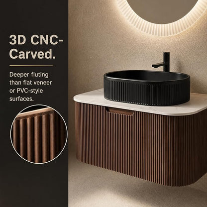 30 Inch Bathroom Vanity with Sink, Floating Wall Mounted Single Sink Vanity, Dark Walnut Curved Fluted Front, Stone Top, Black Textured Oval Vessel Basin, Pre-Assembled