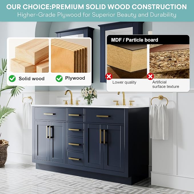 60-Inch Bathroom Vanity with Double Sinks W/ 4 Doors & 4 Drawers & 2 Flip Drawers, Navy Blue Vanity W/Brushed Gold Handles