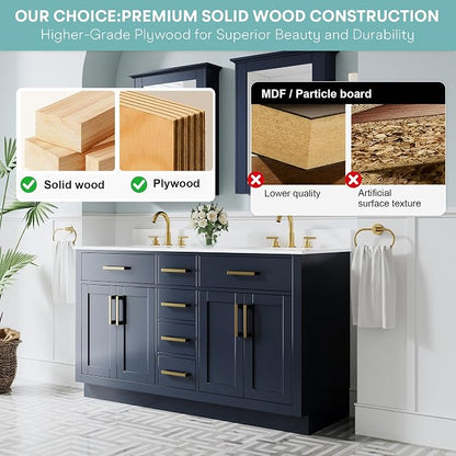 60-Inch Bathroom Vanity with Double Sinks W/ 4 Doors & 4 Drawers & 2 Flip Drawers, Navy Blue Vanity W/Brushed Gold Handles