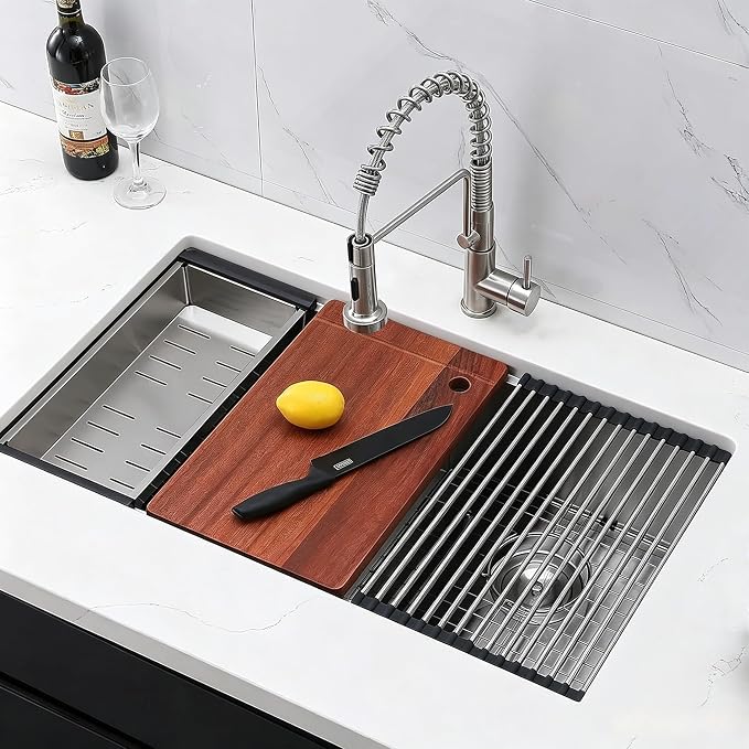 COMLLEN 33 Inch Double Bowl Undermount Kitchen Sink,33x19 Inch Workstation 16 Gauge Stainless Steel Double Kitchen Sinks with Cutting Board,9 Inch Deep Sink Maximizes Space Efficiency