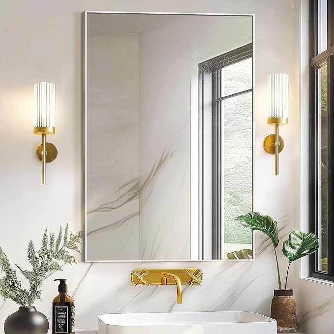 Bathroom Vanity Mirror for Wall, 24"x36" Bathroom Mirror for Over Sink | HD Shatterproof Glass, Rectangular Metal Frame, Horizontally or Vertically, Mirror for Bathroom, Living Room, Entryway,Silver