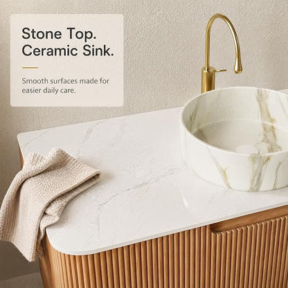 60 Inch Double Sink Bathroom Vanity, Floating Wall Mounted Cabinet, Natural Woodgrain Curved Fluted Front, Stone Top, Dual Marble-Look Round Vessel Basins, Pre-Assembled