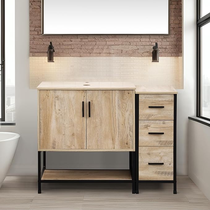 UEV 42" Rustic Oak Bathroom Vanity with Sink Combo,Industrial Iron Frame Bathroom Cabinet Sets with 3 Drawers Side Cabinet(Without Sink Combo)