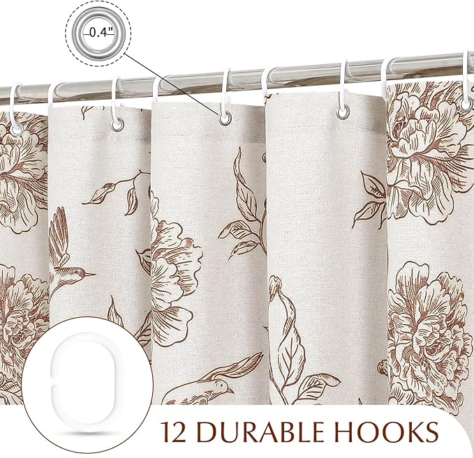 MitoVilla Brown Farmhouse Shower Curtain Set, Cotton Floral Hummingbird Cottagecore Spring Shower Curtains for Bathroom, Modern Country Bathroom Décor, 72" W x 72" L