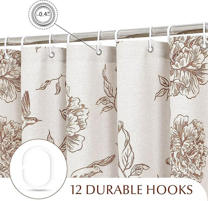 MitoVilla Brown Farmhouse Shower Curtain Set, Cotton Floral Hummingbird Cottagecore Spring Shower Curtains for Bathroom, Modern Country Bathroom Décor, 72" W x 72" L