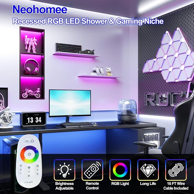 3-Tiers 12x36Inch Wall Niche with RGB LED Light Strips, Matte Black Shower Niche Shelf Cabinet, Stainless Steel Bathroom Shelf, NO Tile Needed Recessed Waterproof Storage Organizer