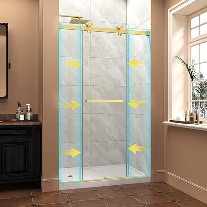 43"-48" W x 76" H Frameless Shower Door,Sliding Shower Door with 5/16"(8MM) SGCC Clear Tempered Glass,Reversible Installation,Nano Explosion-Proof Film,Waterproof Strip,for Bathroom,Brushed Gold