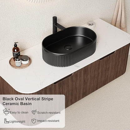 48" Floating Bathroom Vanity with Sink, Wall-Mount Cabinet with 2 Large Storage Drawer, Black Oval Bathroom Ceramic Basins and Marble Top, Soft-Close Design, Dark Walnut