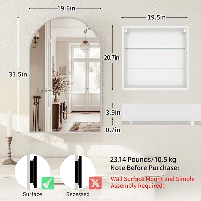 FKWin Medicine Cabinet Mirror, Surface Mount for Small Bathroom, 20x32 Inch | Mirror Medicine Cabinet, Large Storage, Adjustable Shelves, Reversible Door, Space-Saving Design for Small Bathroom, Silver