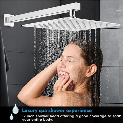Polished Chrome Shower Faucet Set, 12 Inch Rain Shower System with Valve | Complete Rain Shower Set with Valve, Single Handle Wall Mount Design